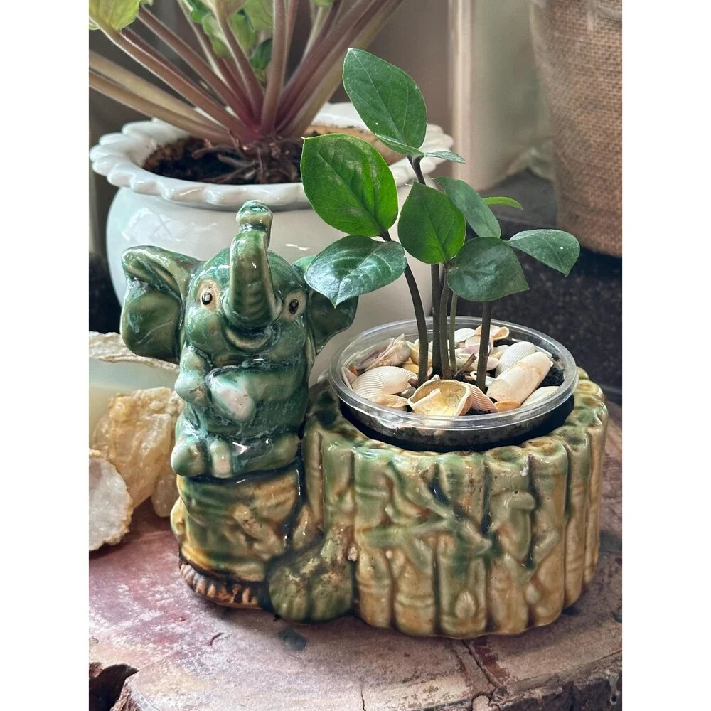 Vintage Ceramic Elephant Planter | Green Glazed Elephant & Bamboo Pot | Boho Jun
